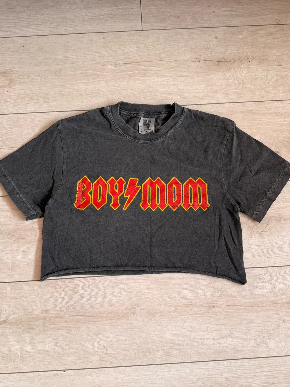 Graphic 'BOY MOM' Black Crop Tee with Retro Red Logo